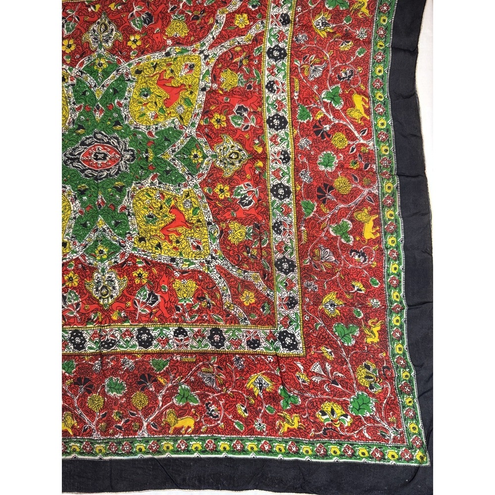 Vintage Red Green Yellow Boho Floral Lion jaguar Square Scarf 30" - Picture 2 of 11